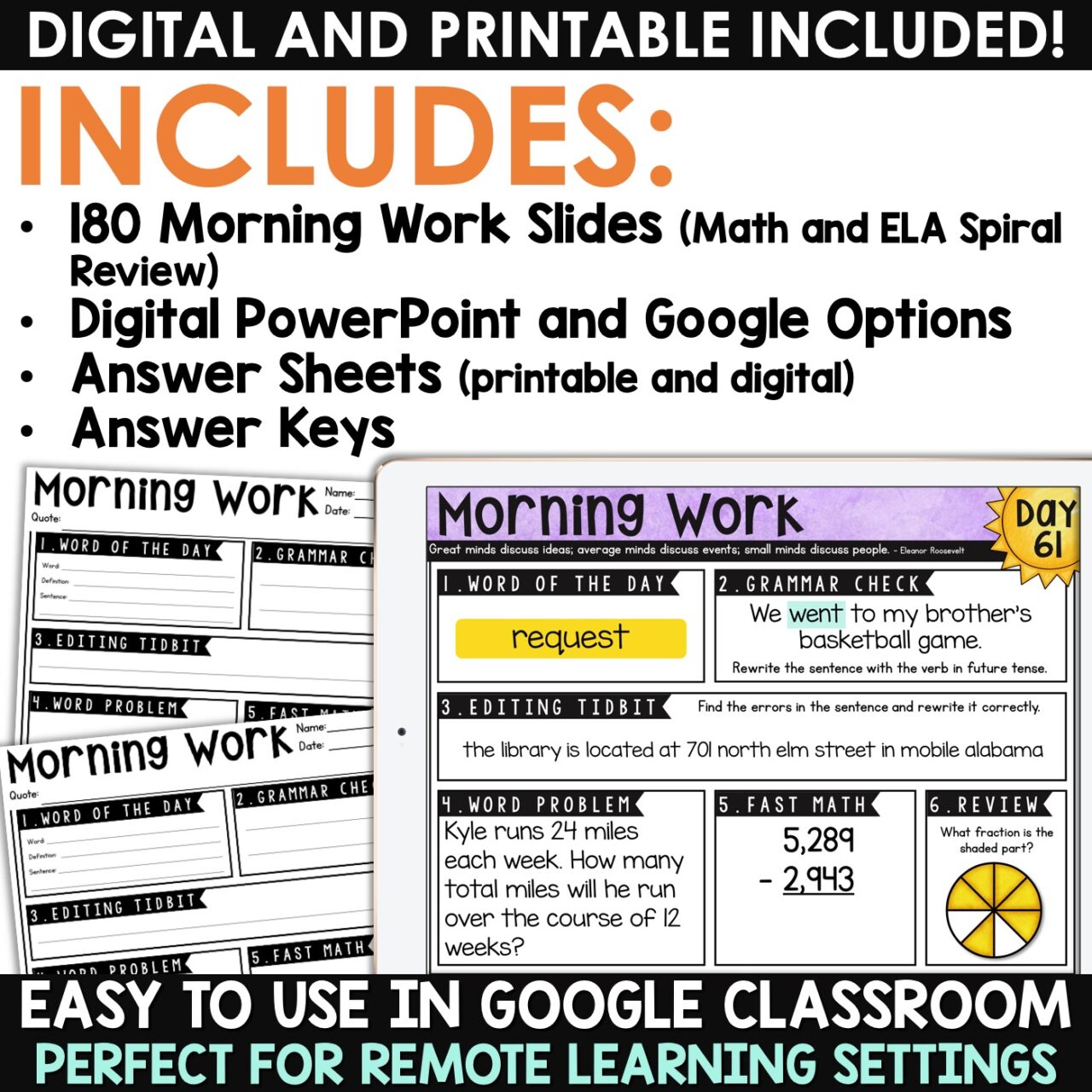 4th Grade Morning Work for the YEAR Spiral Review | Distance Learning ...