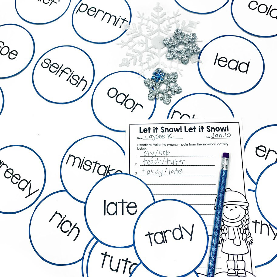 synonym matching game with a snow theme