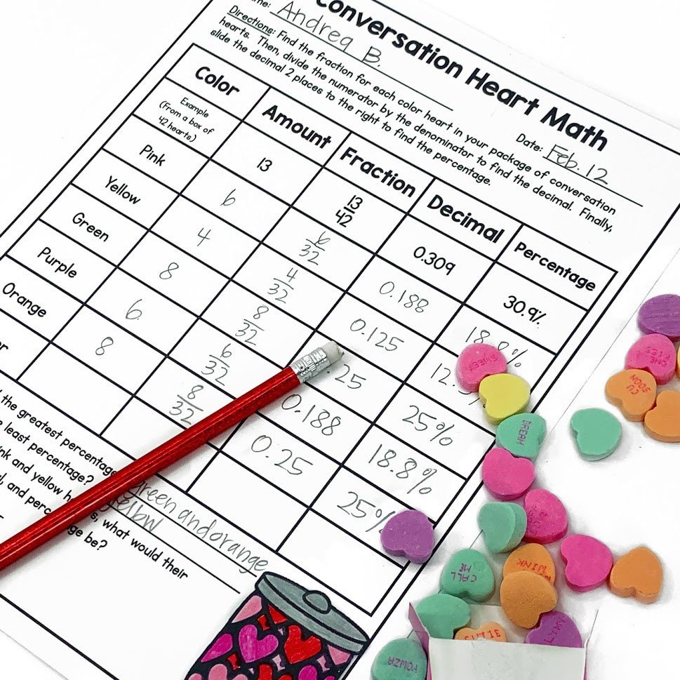 valentine's day math for fractions decimals and percents