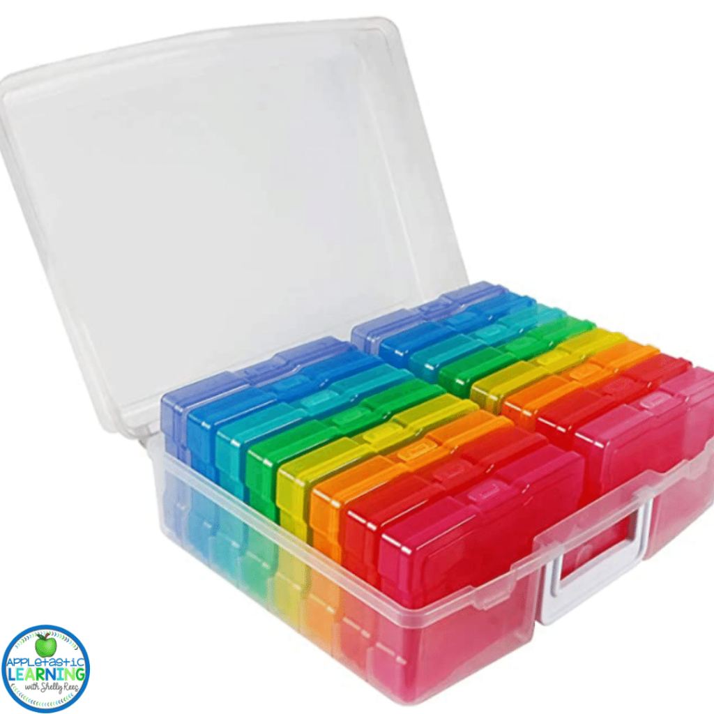 small photo storage boxes are perfect for storing task cards and small activities for centers